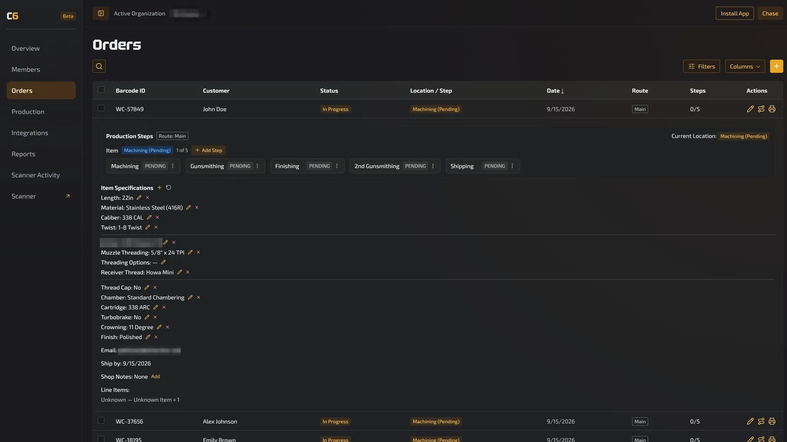 Orders — Every imported order with its route, current step, and specs. Expand a row to edit specs, add shop notes, or print its traveler.
