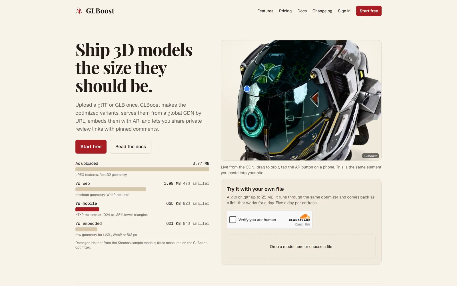The landing page: the sample model live from the CDN, and its weigh-in across presets.