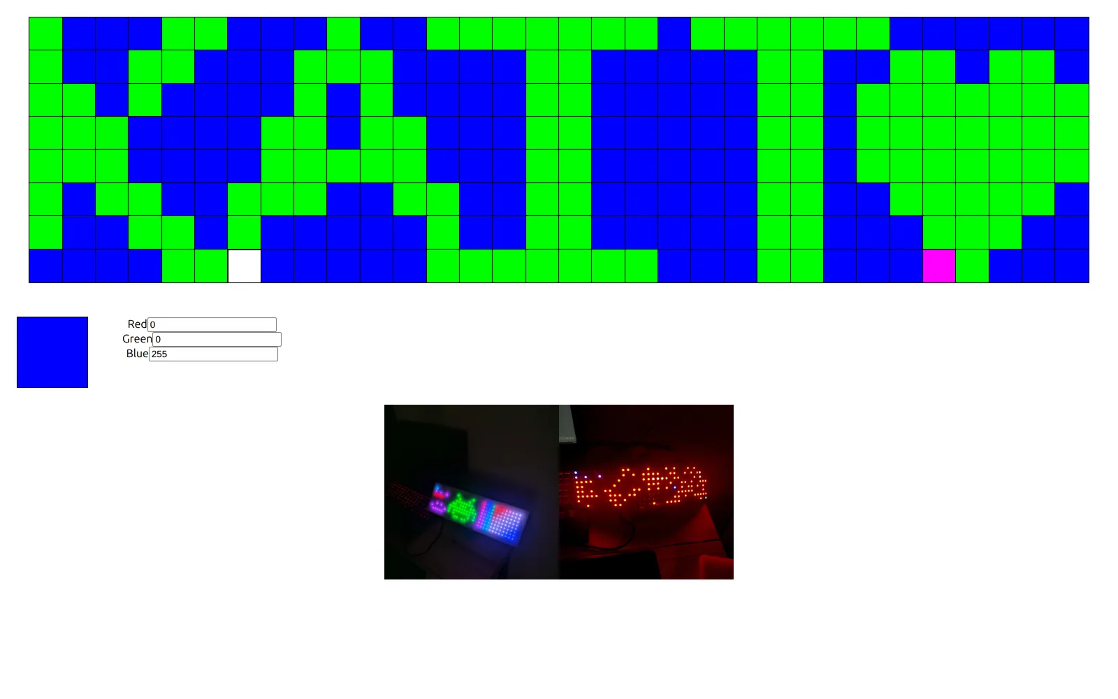 The 8×32 canvas in the browser, and the physical matrix it drives.